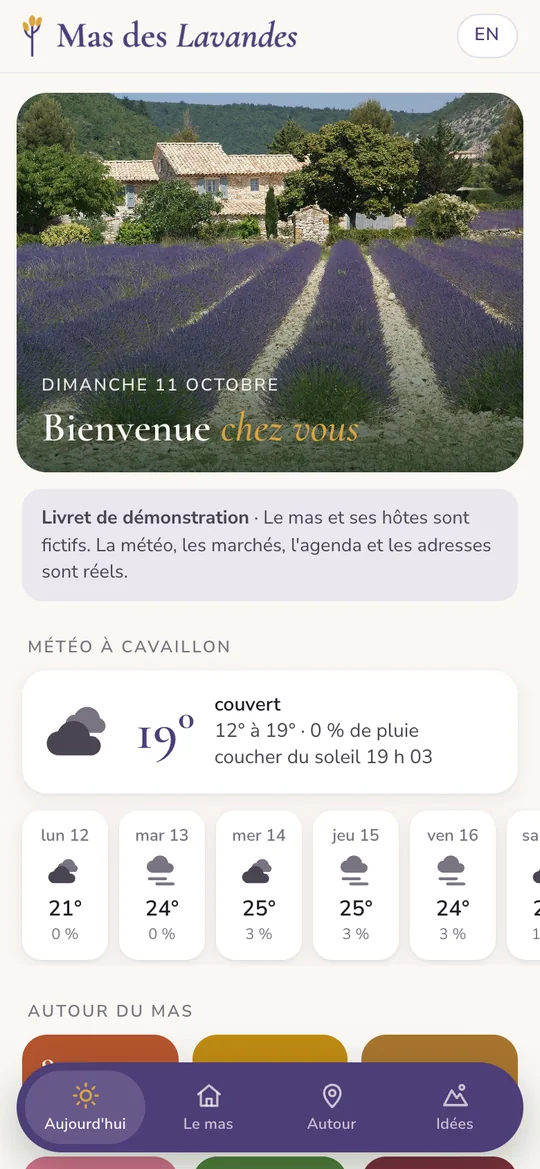 Accueil du livret de démonstration : photo du mas, date du jour, bandeau de démonstration et météo à Cavaillon