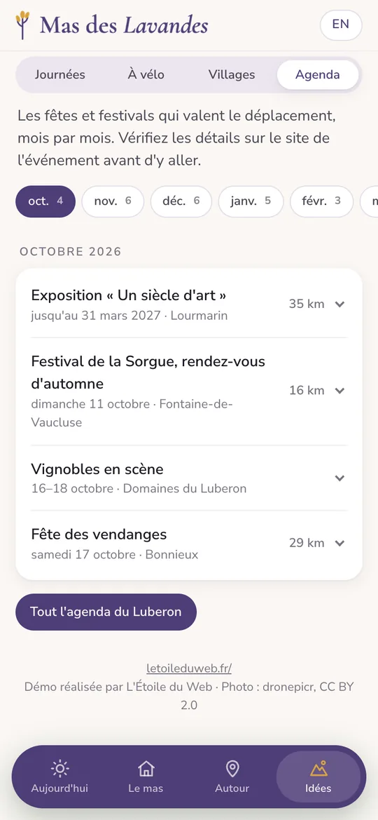 Agenda des fêtes et festivals du Luberon, avec un onglet par mois