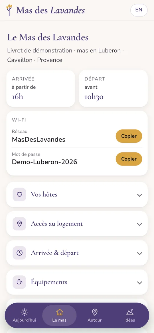 Page du logement : horaires d'arrivée et de départ, wifi avec boutons Copier, rubriques dépliables