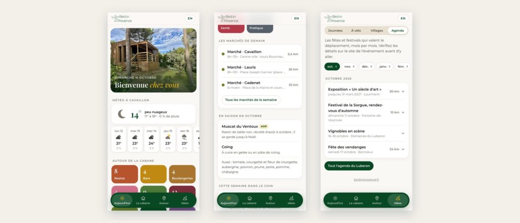 Trois écrans du livret d’accueil de Bird in Provence : accueil et météo, marchés et produits de saison, agenda des fêtes