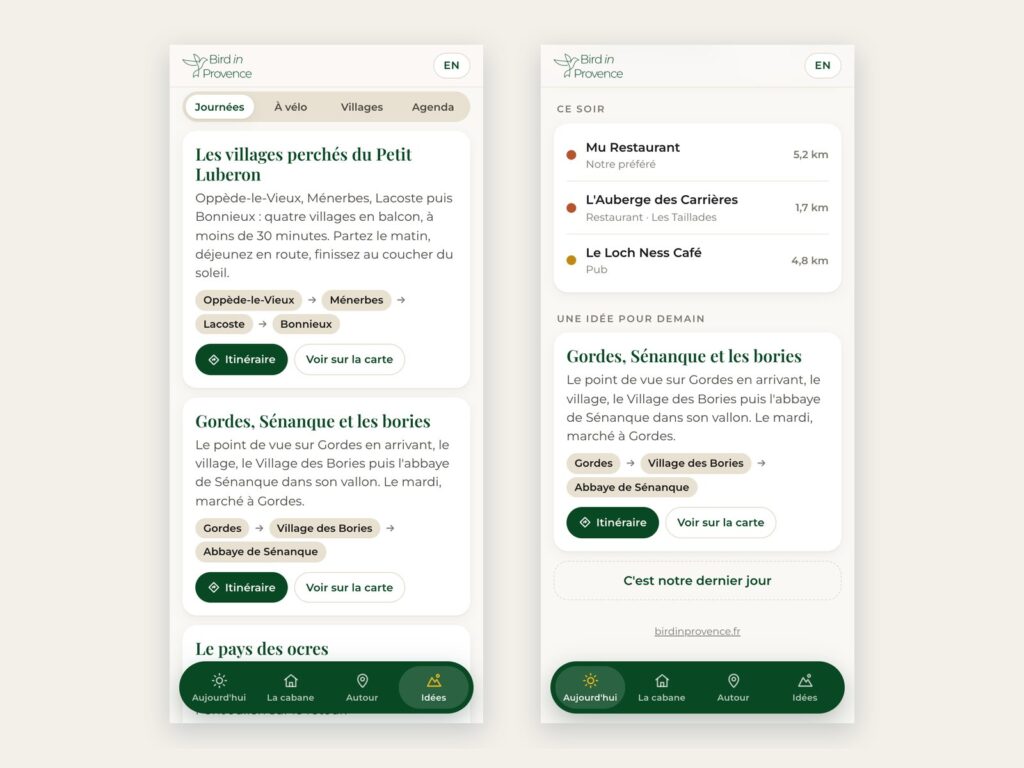 Idées de journées et suggestions du soir et du lendemain dans le livret de Bird in Provence